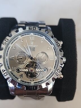 Poedagar Silver Men's Analog Mechanical Watch with Tourbillon Accent